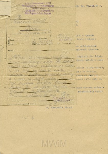 KKE 5546.jpg - Dok. Pismo Michała Katkowskiego do Prezydium Wojewódzkiej Rady Narodowej, w którym pan Katkowski wysyła potrzebne dokumenty, Ostróda, 19 III 1955 r.